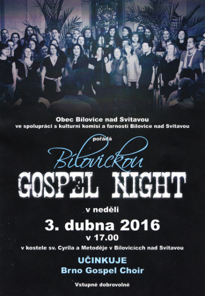 plakát na Bílovickou Gospel Night 3. dubna 2016 v 17.00